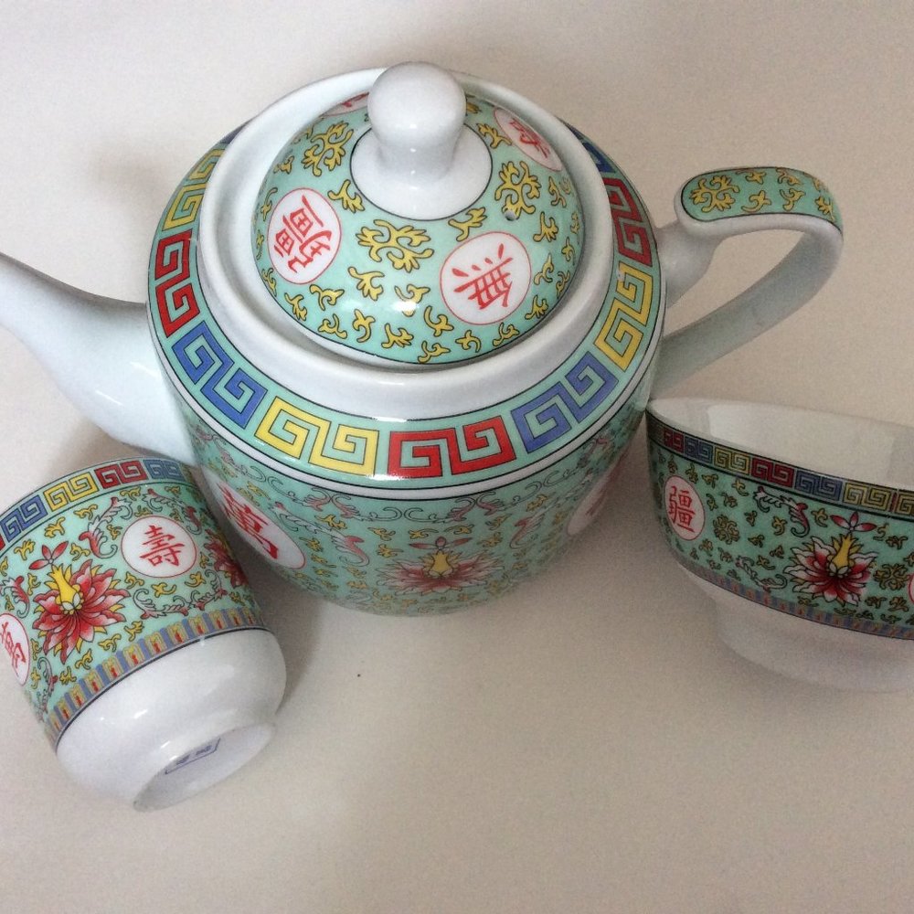 Vintage Chinese porcelain teapot, cup and bowl lot of 3 items wan shou wu jiang